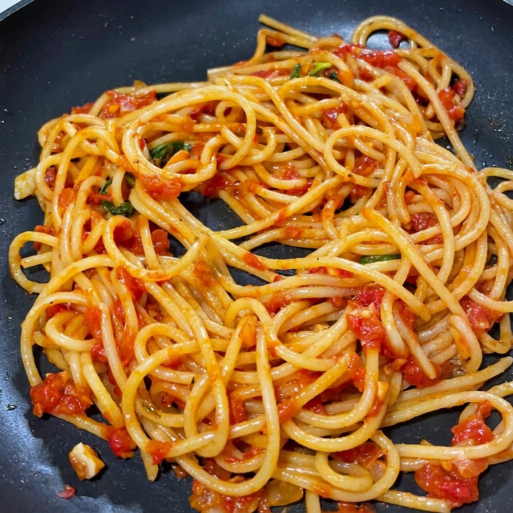 Ugotowany makaron spaghetti dokładnie mieszany i pokrywany domowym sosem pomidorowo-mięsnym na patelni.