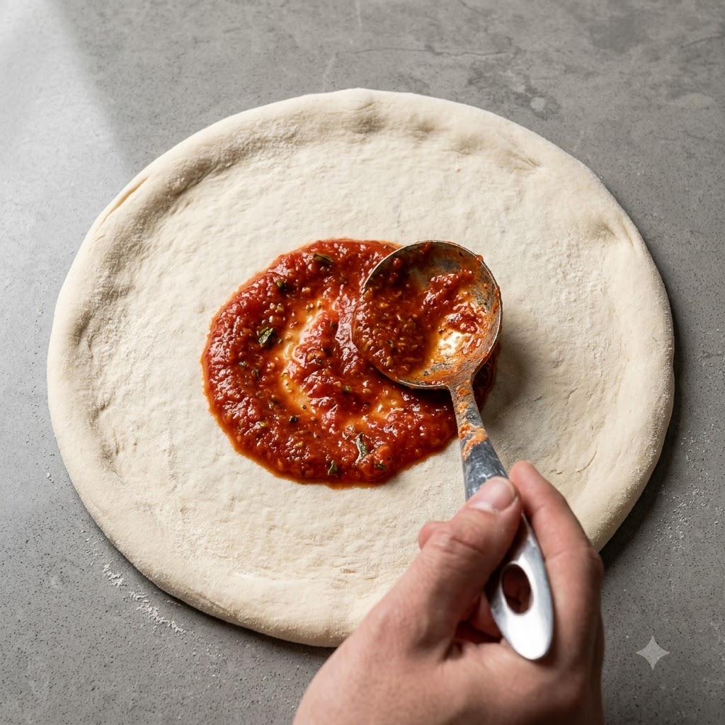 Metalowa chochla rozprowadzająca czerwony sos pomidorowy w spiralny wzór na wierzchu surowego ciasta do pizzy.