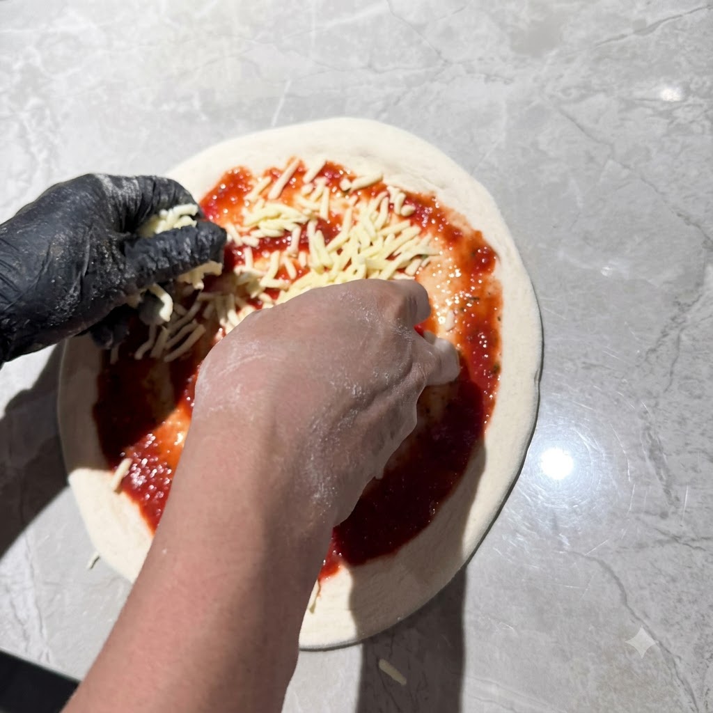 Ręce w rękawiczkach posypujące startym serem mozzarella bazę pokrytą sosem pomidorowym.