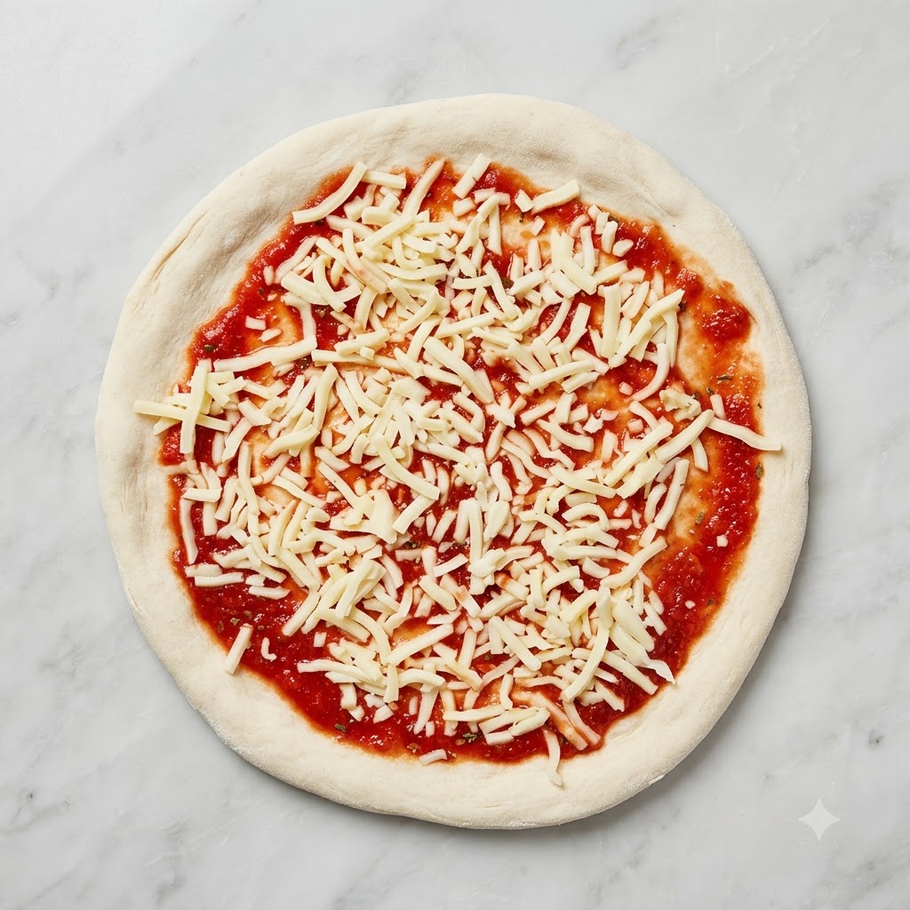Przygotowana baza do pizzy pokryta sosem pomidorowym, serem mozzarella i połówkami pomidorków koktajlowych.