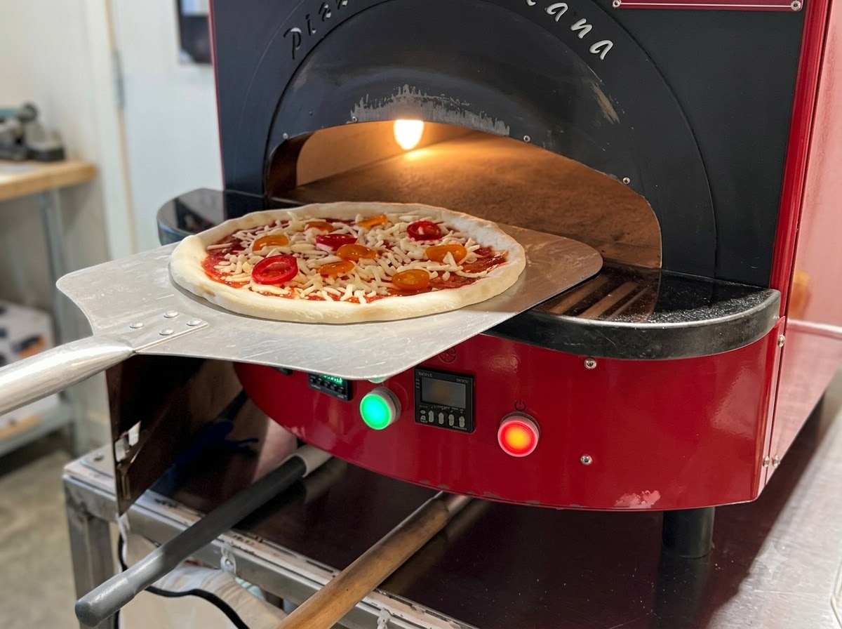 Pizza wsuwana za pomocą łopaty do otwartego wnętrza czerwonego pieca kopułowego do pizzy.