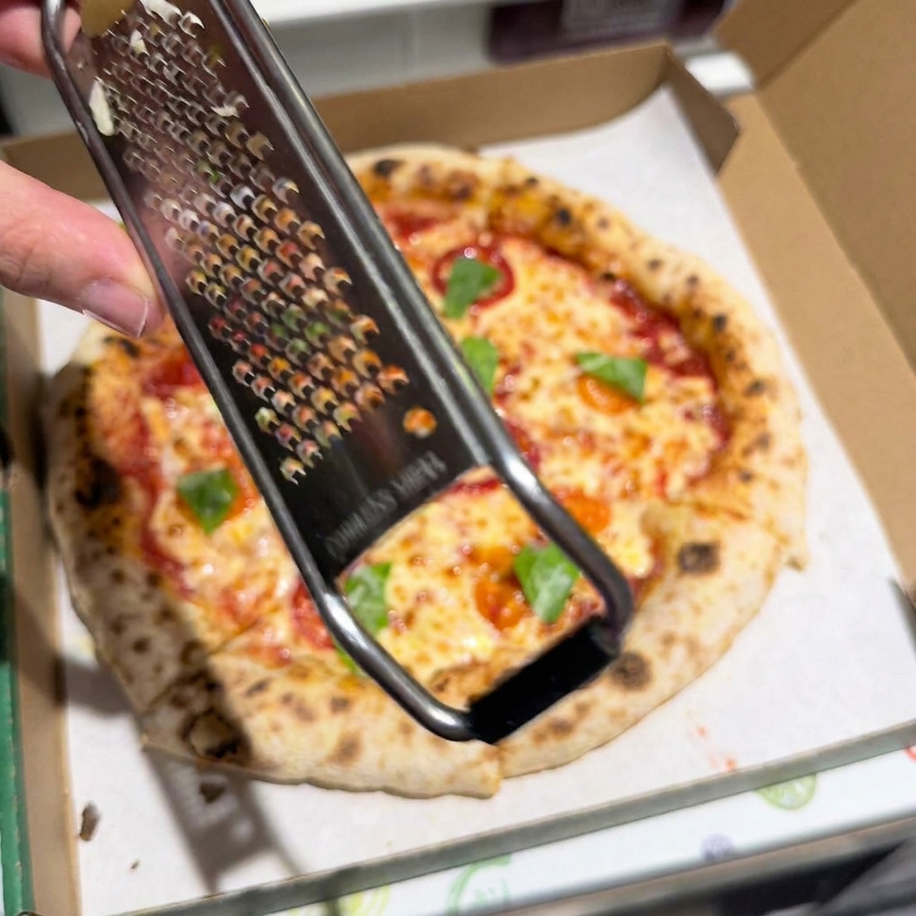 Dłoń trzymająca metalową tarkę, aktywnie trąca ser Parmigiano-Reggiano nad upieczoną pizzą w pudełku.