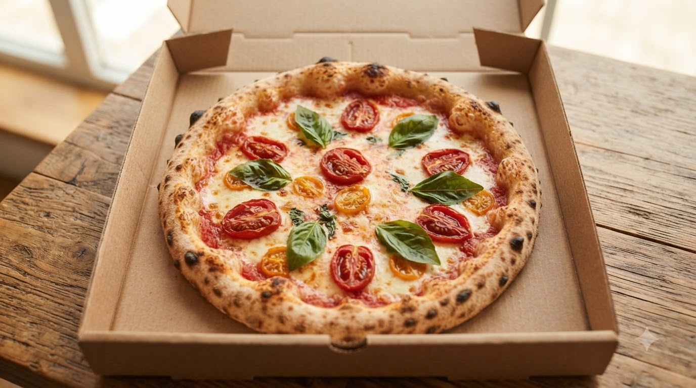 Świeżo upieczona pizza Margherita w białym kartonowym pudełku, ozdobiona roztopioną mozzarellą, połówkami pomidorków koktajlowych i zielonymi liśćmi bazylii.