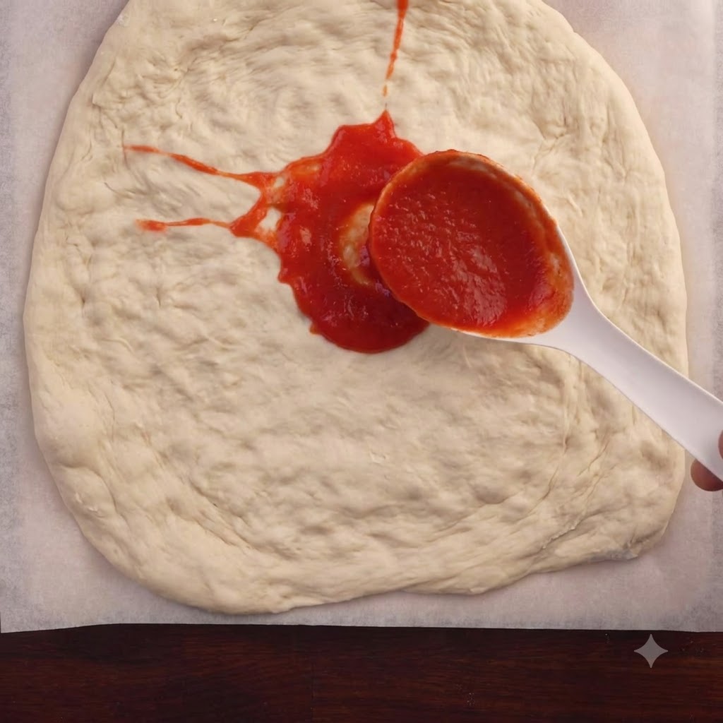 Łyżka nakładająca jasnoczerwony sos pomidorowy na środek okrągłego spodu do pizzy rozciągniętego na papierze do pieczenia.