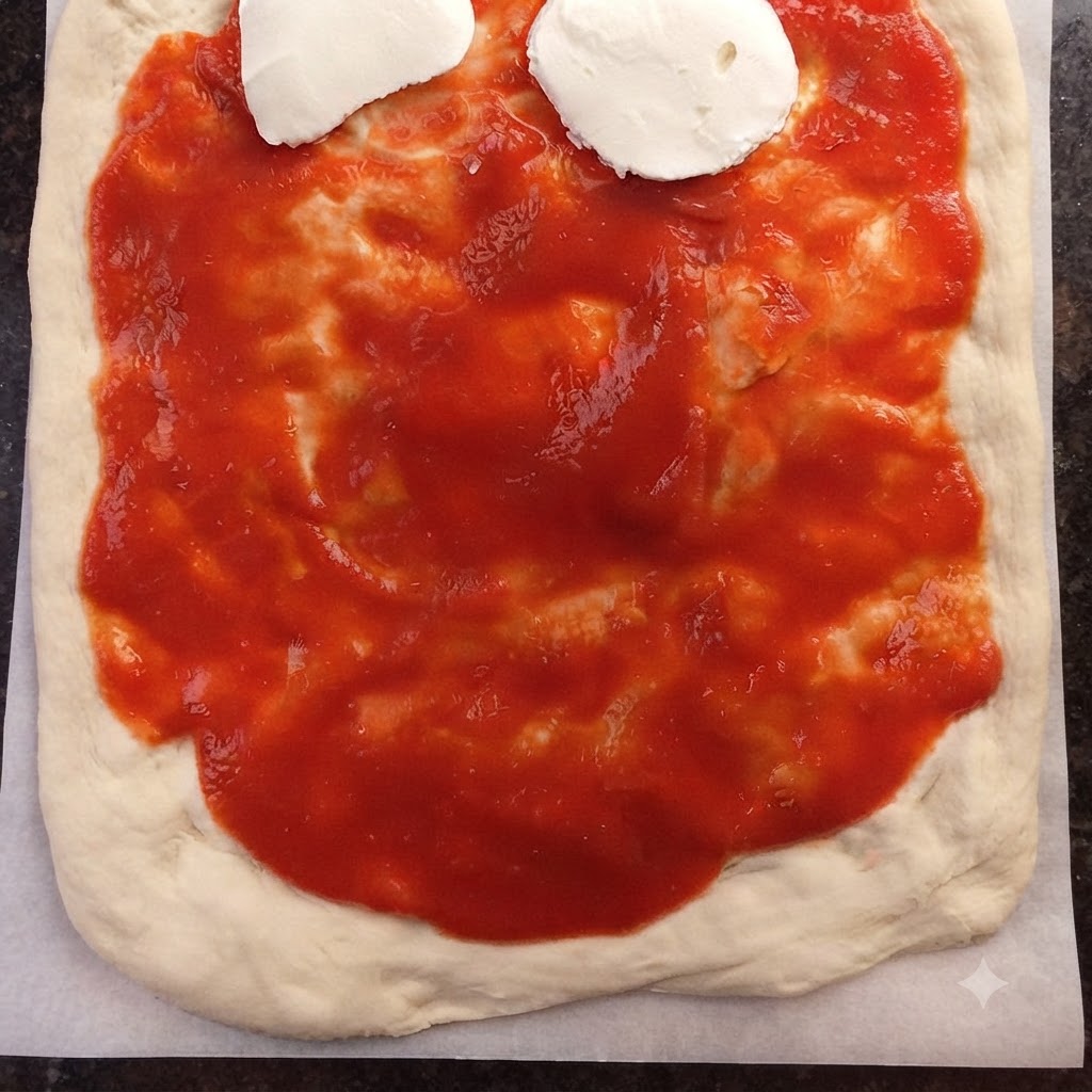 Plastry białej mozzarelli układane na bazie z czerwonego sosu pomidorowego na cieście do pizzy.