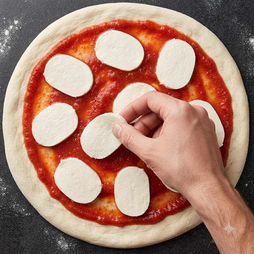 Dłoń układająca plaster sera mozzarella na okrągłym spodzie do pizzy pokrytym sosem pomidorowym.
