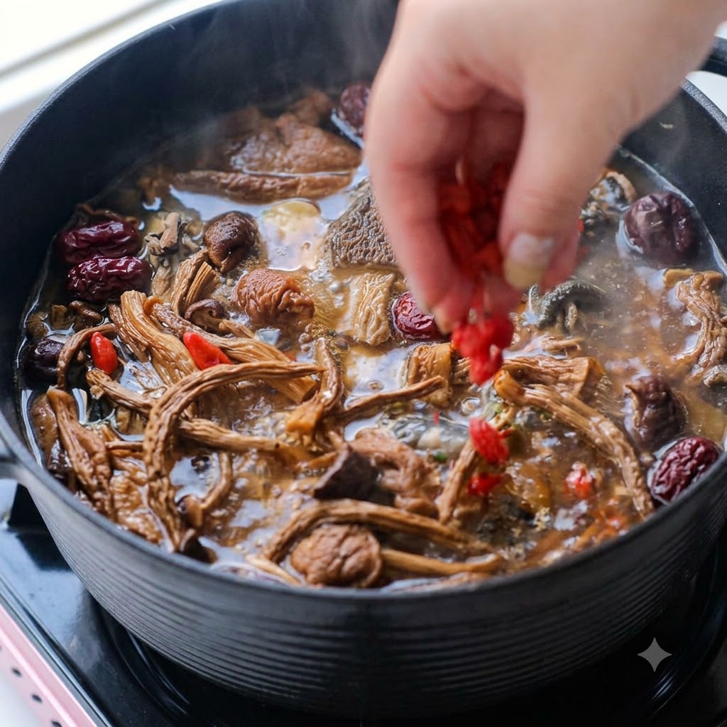 Jagody goji wsypywane do bulgoczącego garnka z zupą.