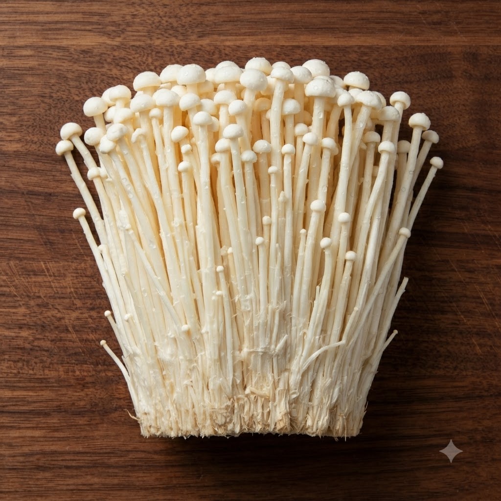świeża wiązka grzybów enoki spoczywająca na ciemnej drewnianej desce do krojenia z przyciętymi korzeniami