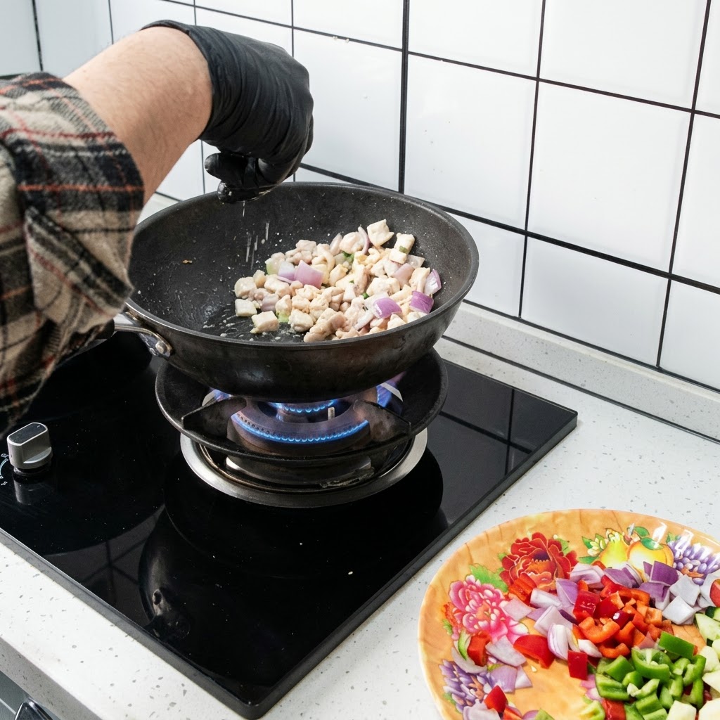 Kawałki kurczaka i cebuli smażone w woku z aktywnymi płomieniami wydobywającymi się z palnika pod spodem.