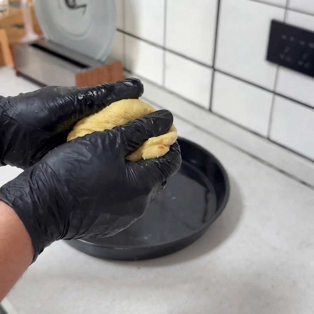 Ręce w rękawiczkach rozciągające i spłaszczające kulkę żółtego ciasta do pizzy bezpośrednio w okrągłej czarnej formie do pieczenia.