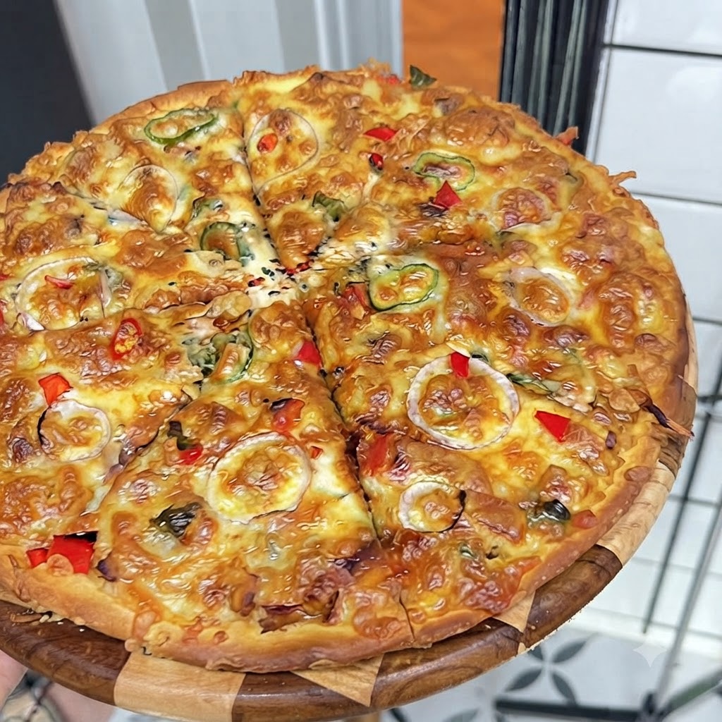 Starty ser mozzarella obficie rozsypany na upieczonym spodzie pizzy pokrytym mieszanką kurczaka i warzyw w okrągłej formie.