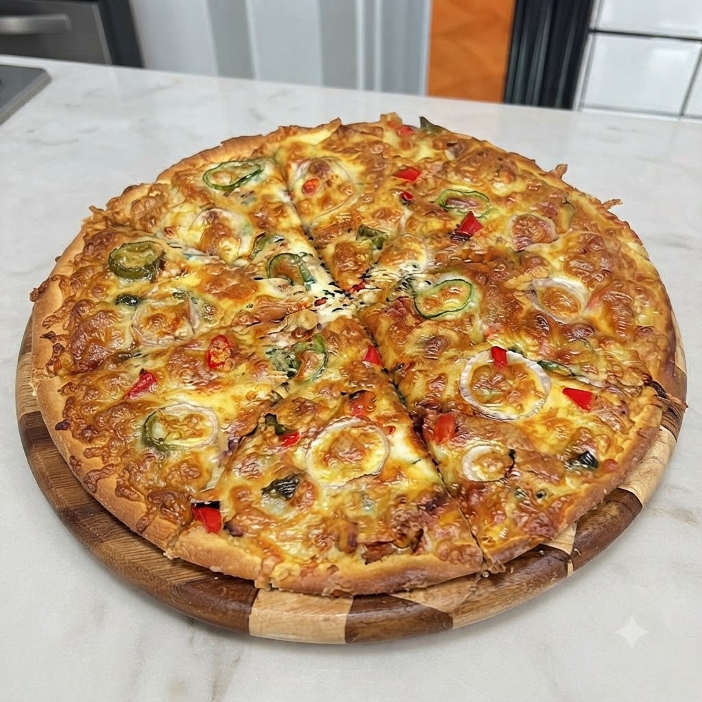 Zbliżenie krążków fioletowej cebuli i zielonych plastrów jalapeno ułożonych schludnie na pizzy pokrytej serem.