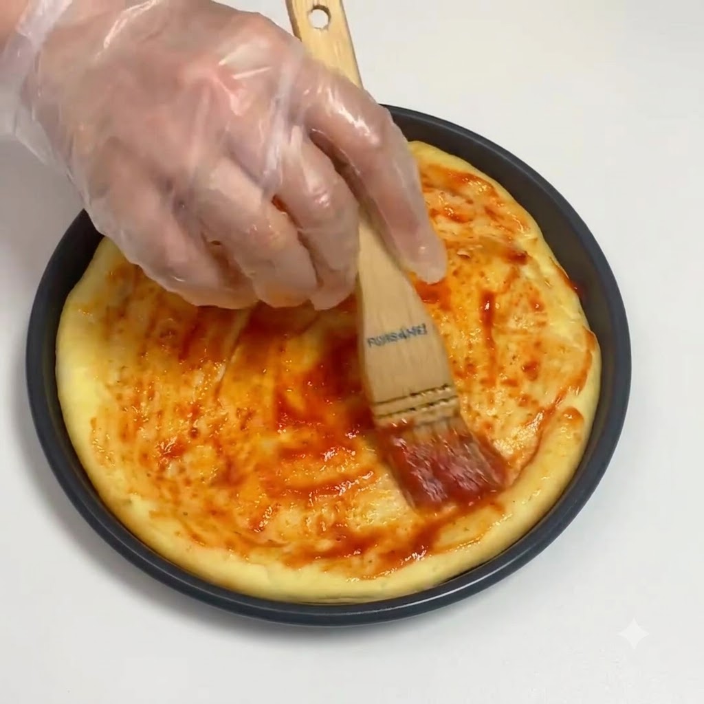 Ręka w rękawiczce używająca drewnianego pędzelka cukierniczego do równomiernego rozsmarowania sosu pomidorowego na okrągłym spodzie do pizzy.