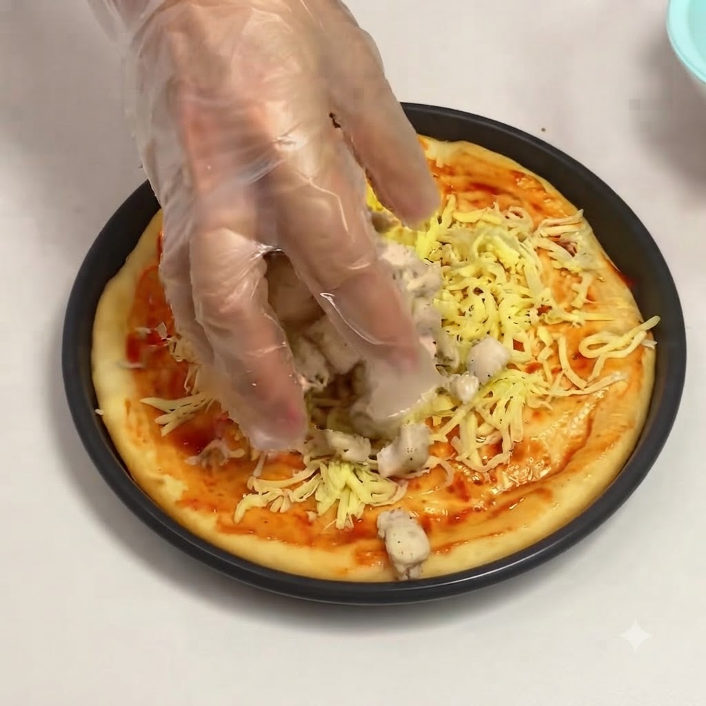 Ręka w rękawiczce układająca podsmażone kawałki piersi z kurczaka na warstwie sera na cieście do pizzy.
