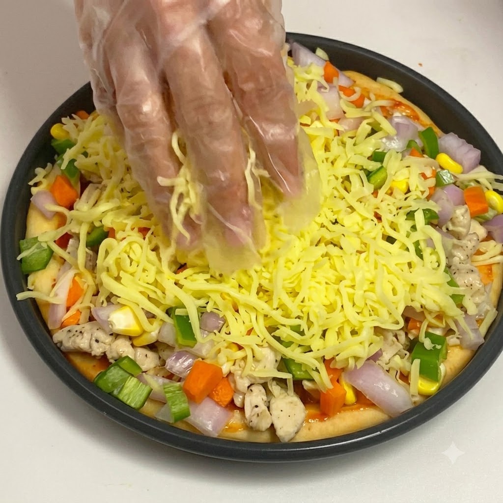 Ręka w rękawiczce rozsmarowująca grubą warstwę startego sera mozzarella na wierzchu dodatków do pizzy.