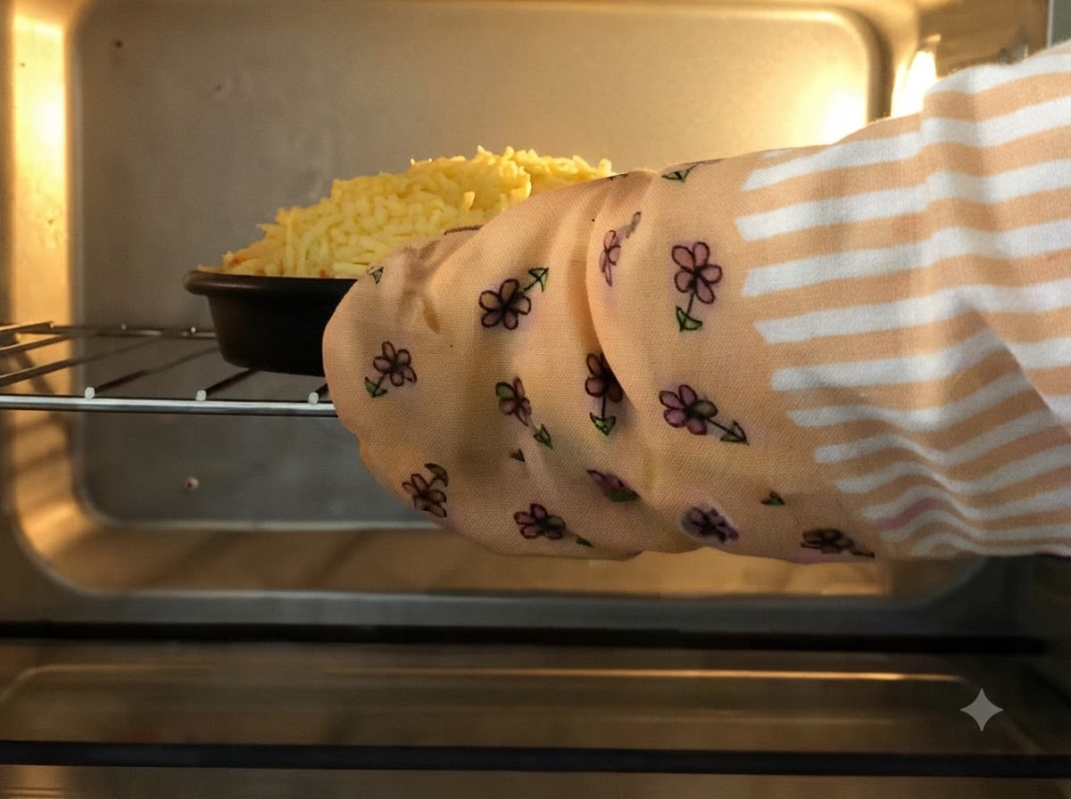 Ręka w kwiecistej rękawicy kuchennej wsuwająca formę do pizzy na rozgrzaną półkę piekarnika.