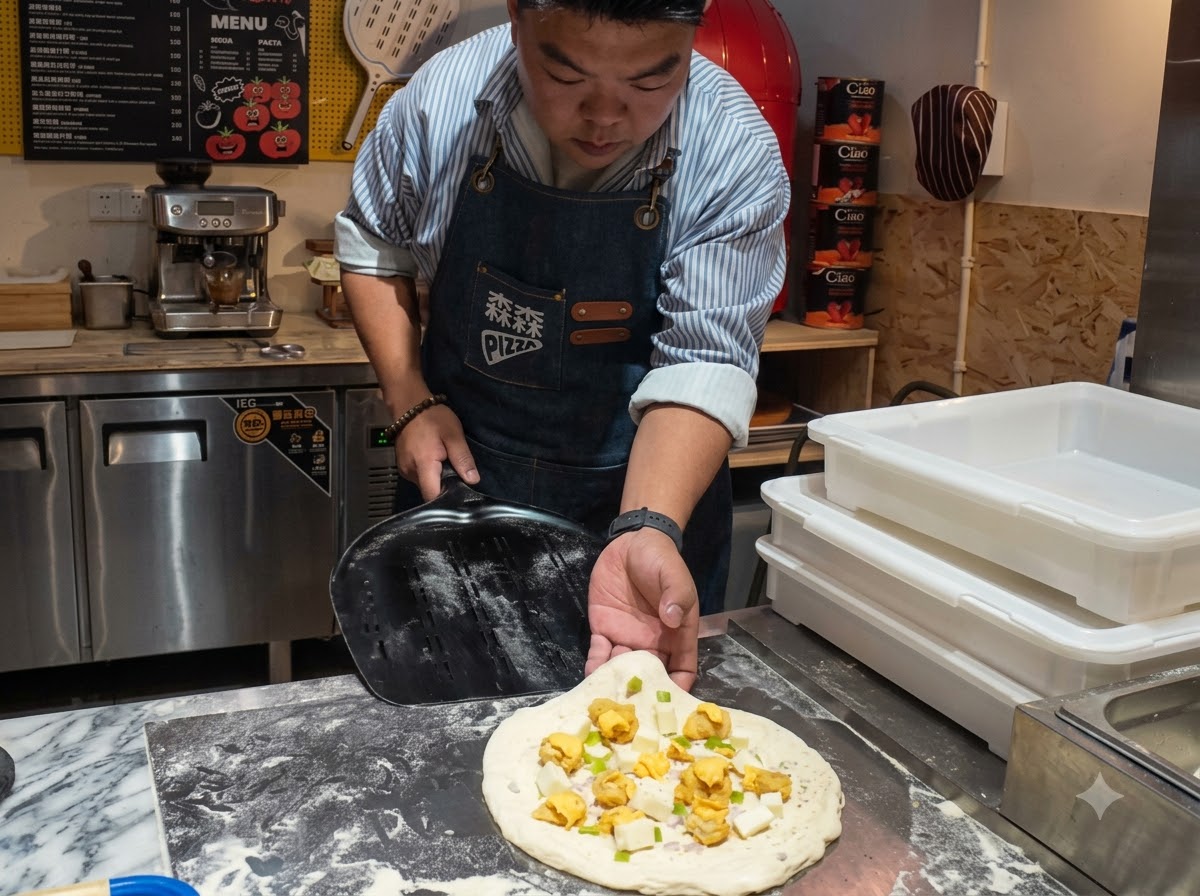 Złożona pizza leżąca na czarnej łopacie do pizzy oprószonej mąką, gotowa do uformowania.
