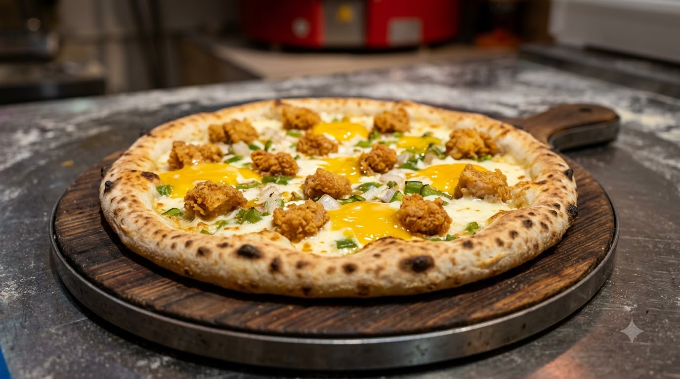 Świeżo upieczona pizza z kurczakiem i sosem z żółtek jaj na ciemnej drewnianej desce z przypieczonym brzegiem