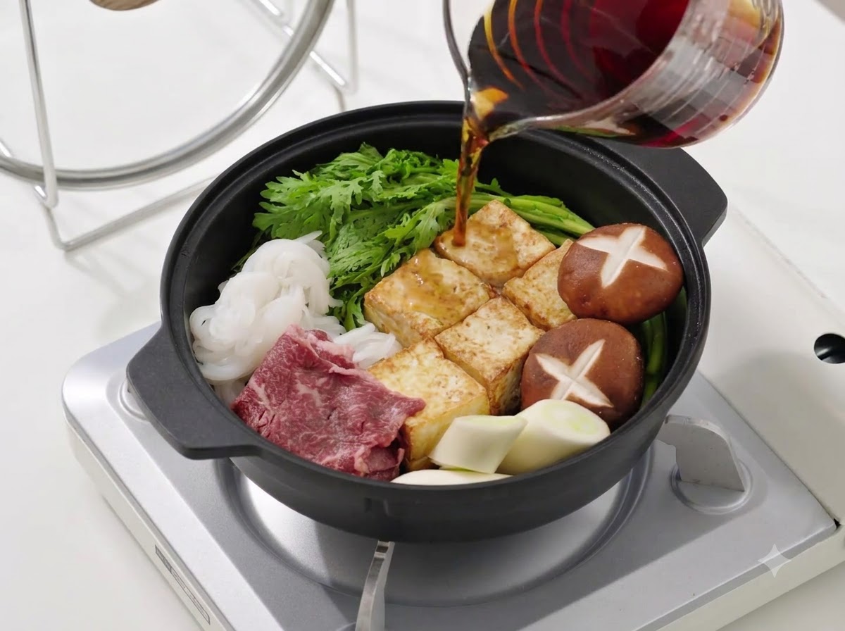 Ciemnobrązowy sos sukiyaki wlewany z szklanej miarki do garnka wypełnionego ułożonymi warzywami, tofu i wołowiną.