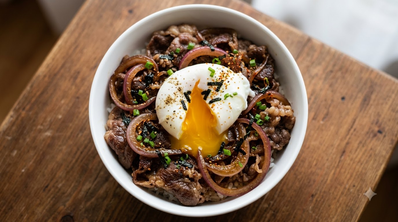 Wytrawna miska ryżu z wołowiną w sosie sukiyaki (Gyudon)