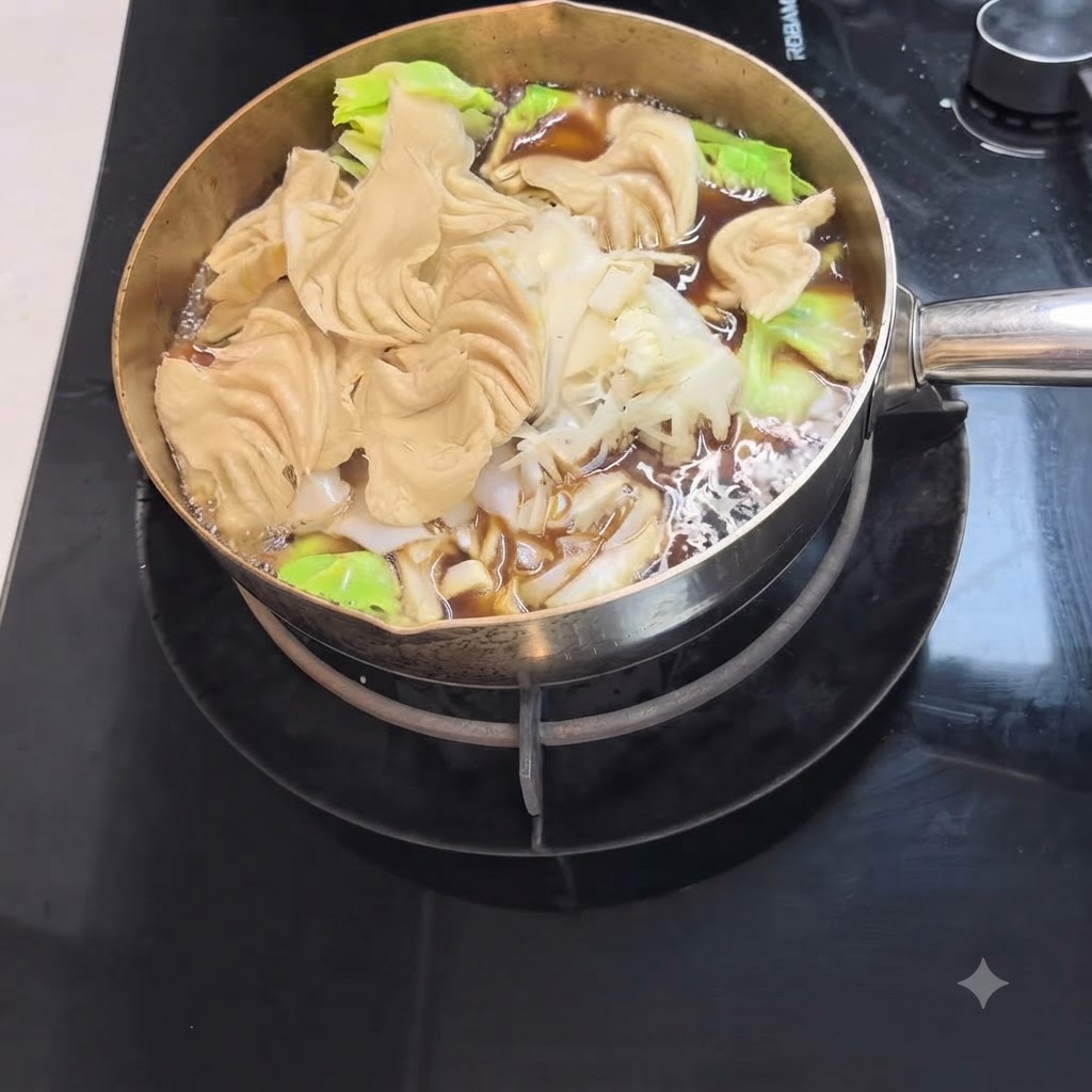 Makaron udon i świeże zielone liście gotujące się w garnku z ciemnym bulionem sukiyaki.