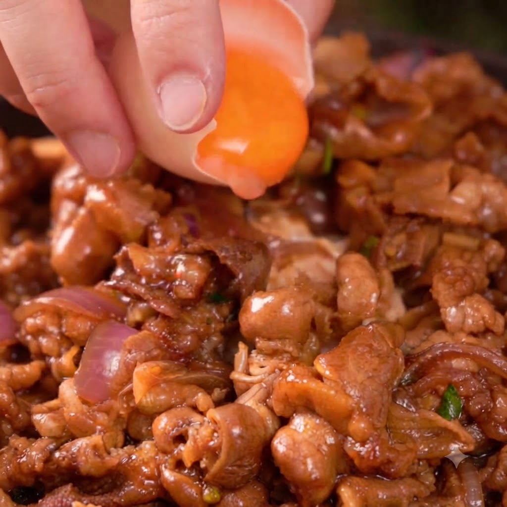 Świeże żółtko jajka delikatnie zsuwane ze skorupki na warstwę ugotowanej wołowiny teriyaki.