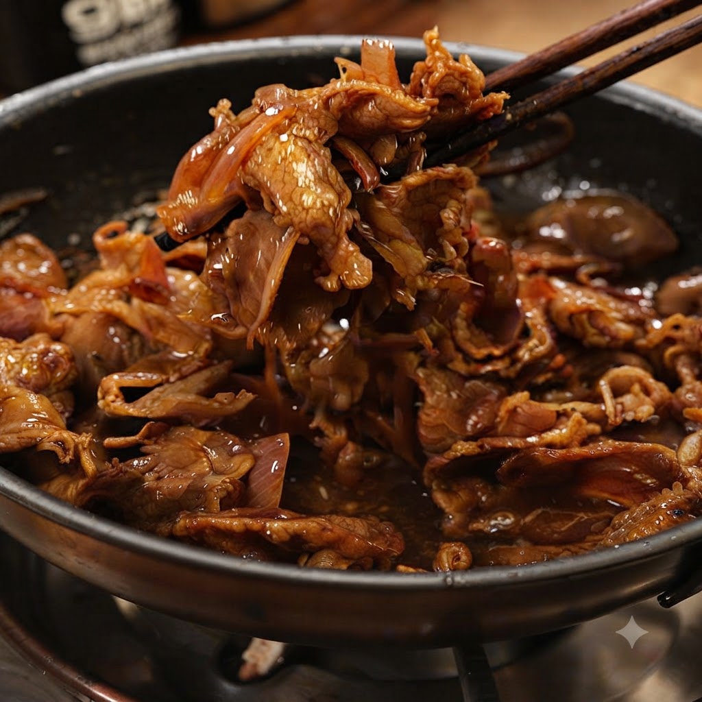 Para pałeczek podnosząca porcję ugotowanej wołowiny teriyaki i cebuli z patelni.