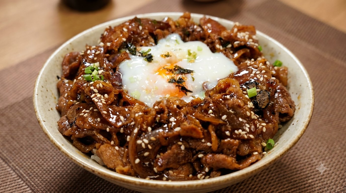 Miska ryżu z wołowiną w stylu teriyaki i czarną truflą