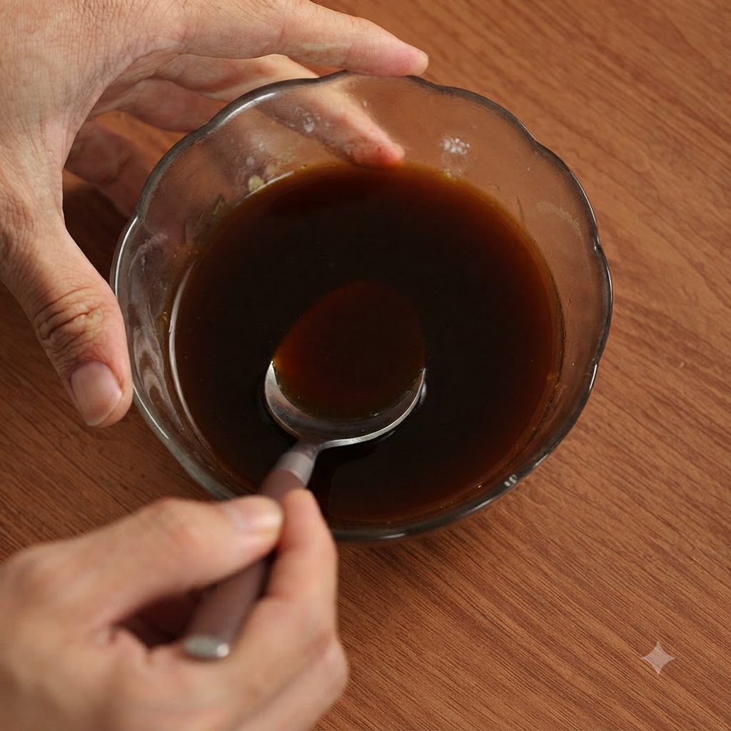 Ręka używająca łyżki do mieszania przygotowanego sosu teriyaki w szklanej misce.