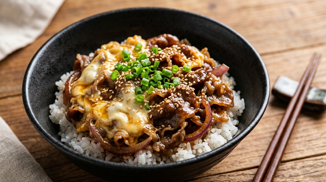 Miska ryżu z wołowiną teriyaki i jajenicą