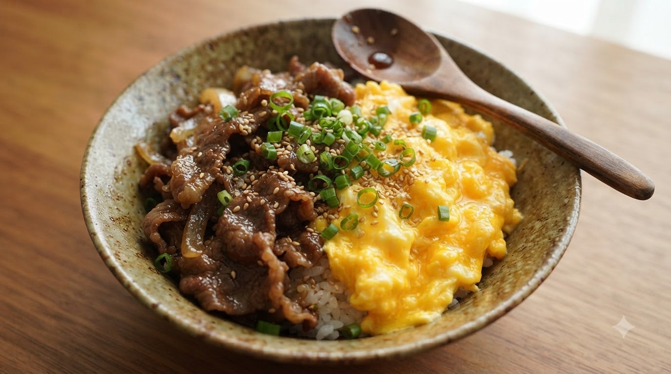 Rustykalna miska puszystej jajecznicy i aromatycznej wołowiny teriyaki podanych na ciepłym ryżu, przyprószona świeżą zieloną cebulką i ziarnami sezamu.