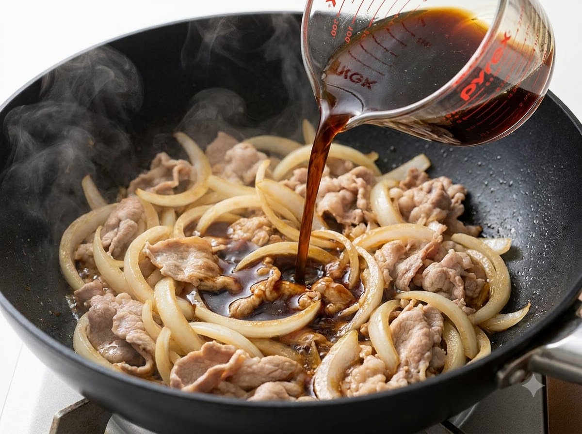 Sos teriyaki wlewany ze szklanej miarki na patelnię wypełnioną wołowiną i cebulą.