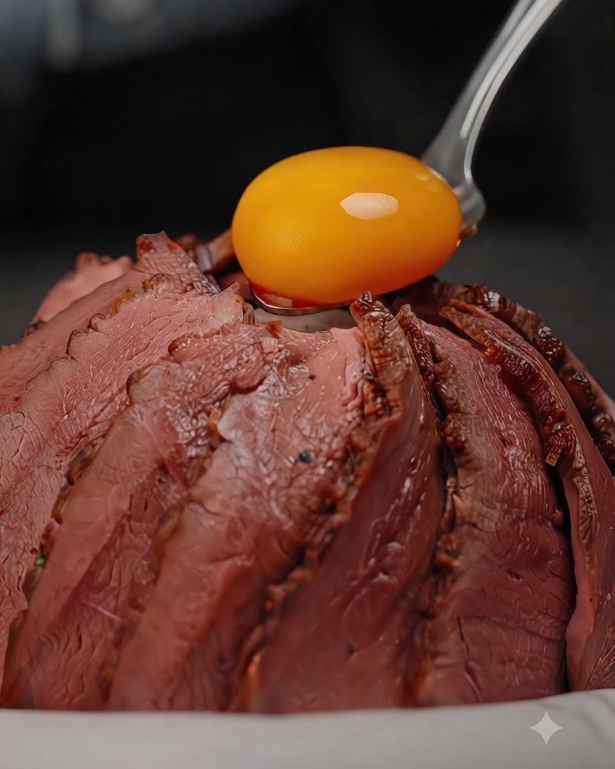 Jaskrawożółte marynowane żółtko delikatnie spoczywające na elegancko ułożonych plastrach kaczki medium-rare w misce ryżu, posypanej zielonym szczypiorkiem.