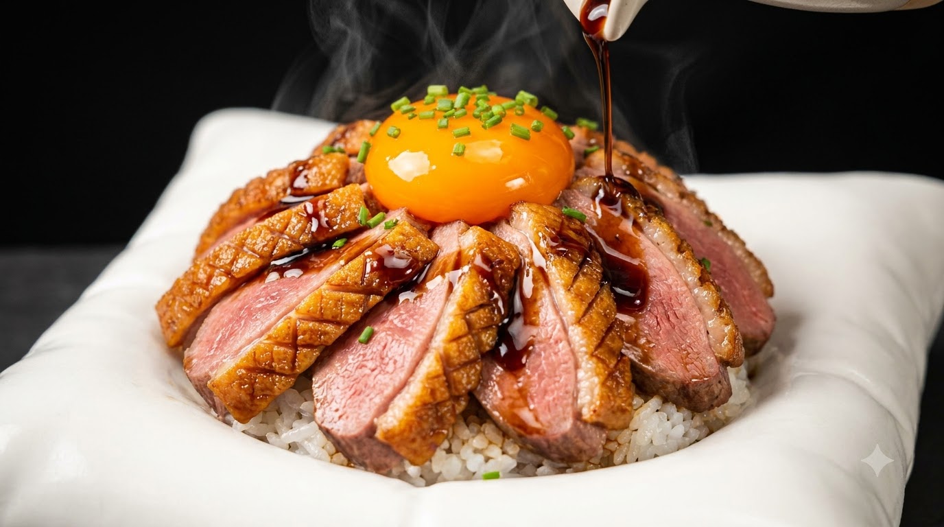 Japońskie donburi z chrupiącą kaczką i marynowanym żółtkiem