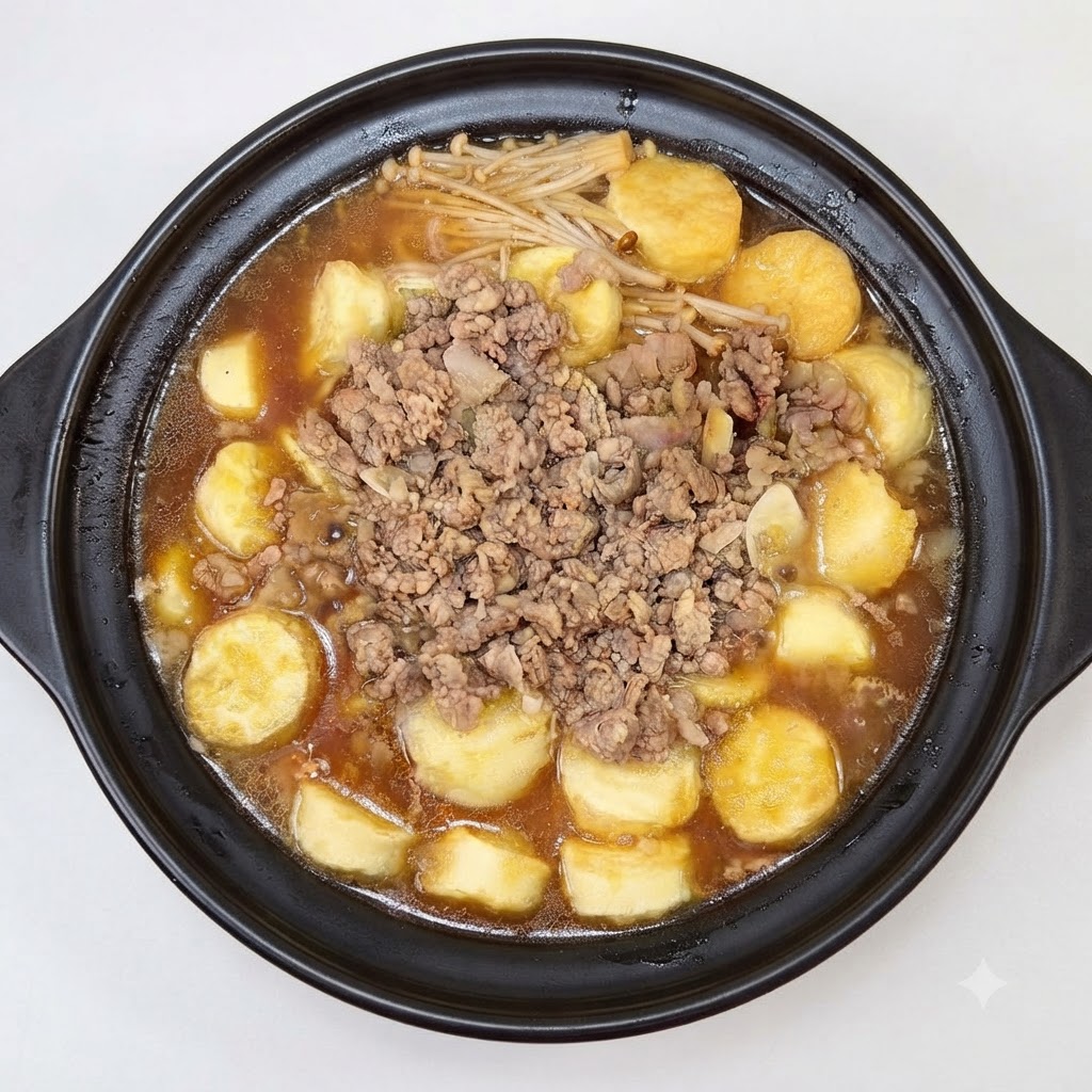 Czarny gliniany garnek wypełniony uwarstwionym tofu, grzybami enoki i mieloną wieprzowiną duszącą się w bulionie.
