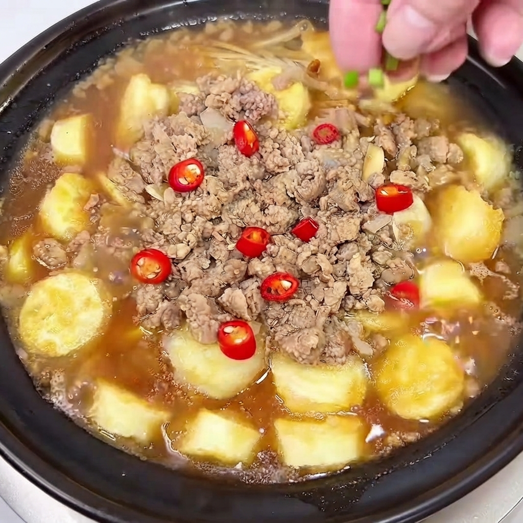 Ręka posypująca posiekaną zieloną cebulkę i plasterki czerwonego chili na duszącą się potrawę w glinianym garnku.