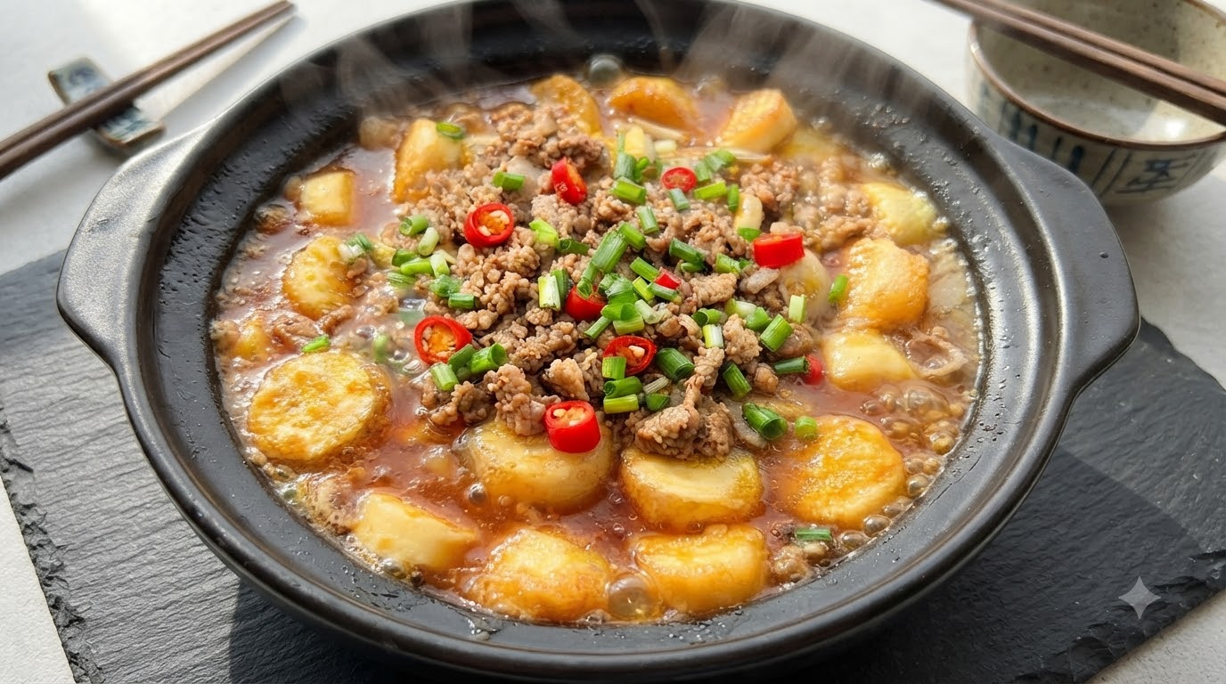 Bulgoczący gliniany garnek wypełniony złocistym japońskim tofu, mieloną wieprzowiną, grzybami enoki i świeżą papryczką chili
