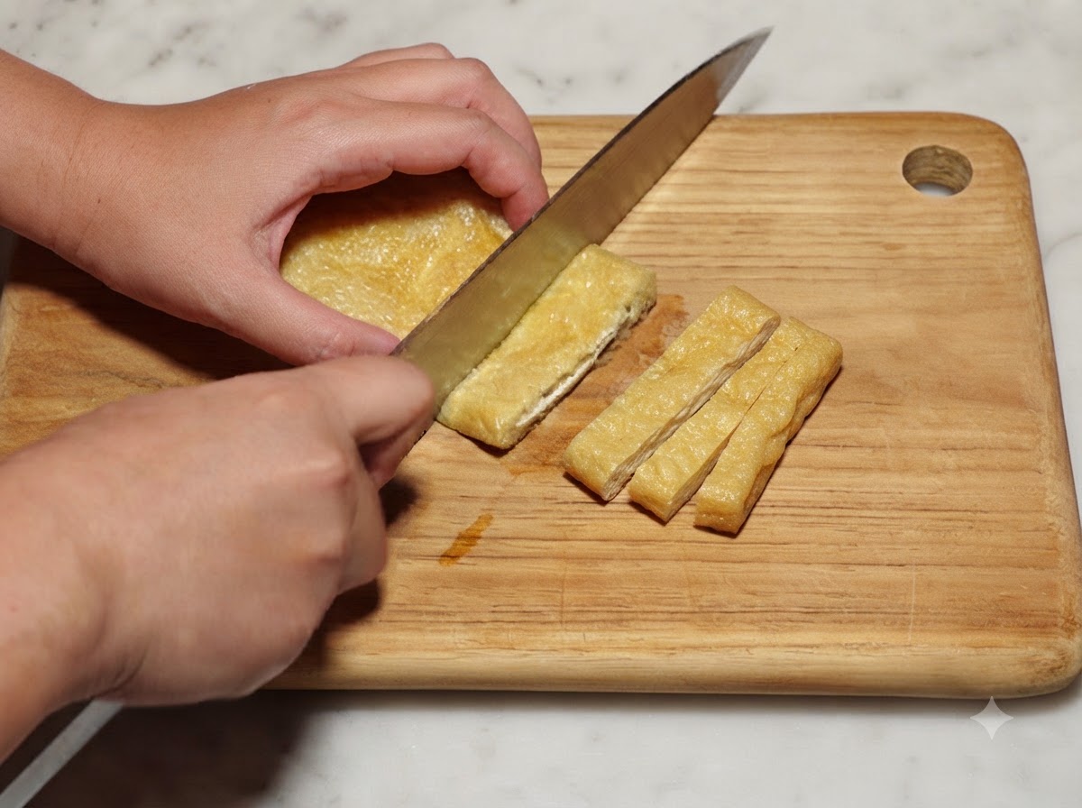 kawałek smażonej kieszonki z tofu krojony nożem na długie paski na drewnianej desce.