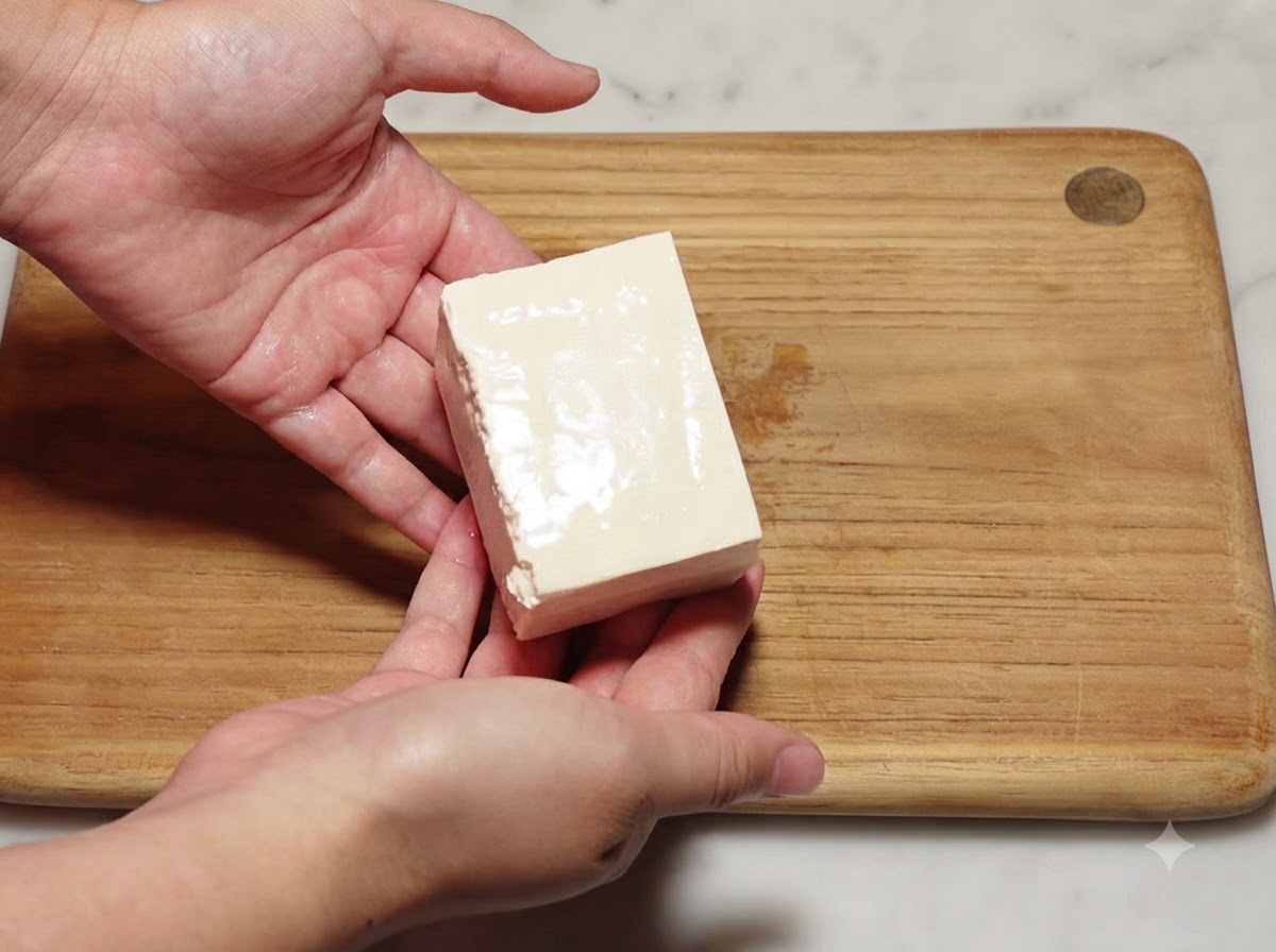 połowa bloku miękkiego tofu leżąca na drewnianej desce do krojenia przed pokrojeniem w kostkę.