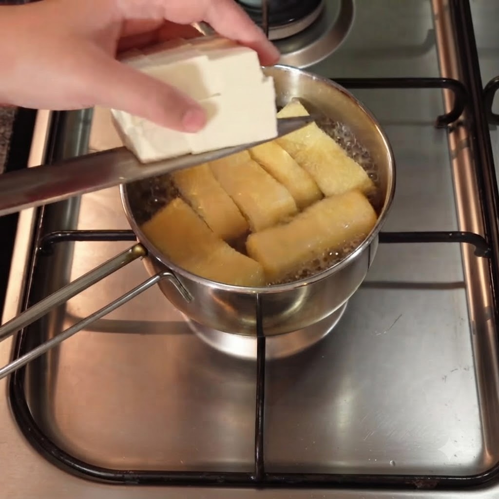 kostki miękkiego tofu zsuwane z noża do bulgoczącego garnka z zupą zawierającego paski aburaage.