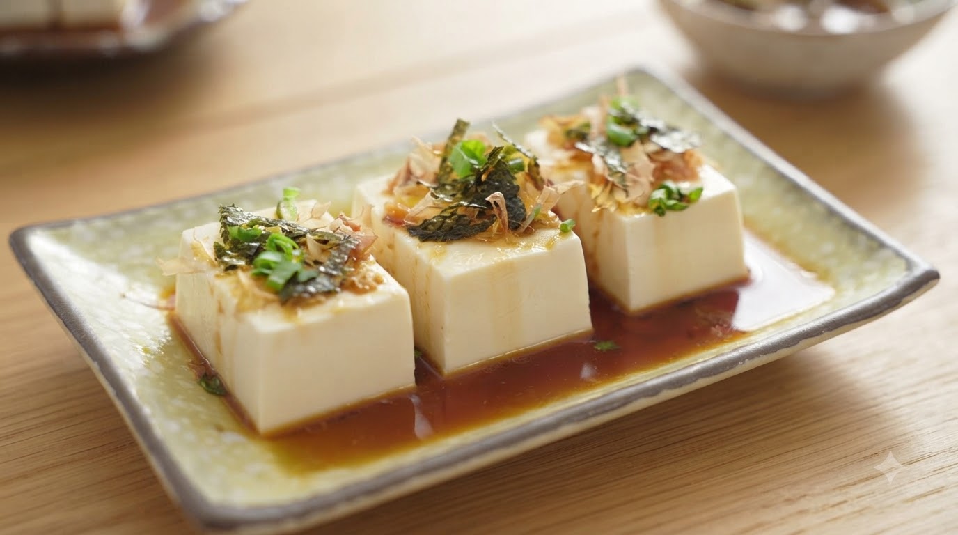 Japońskie chłodzone tofu ze specjalnym sosem sojowym (Hiyayakko)
