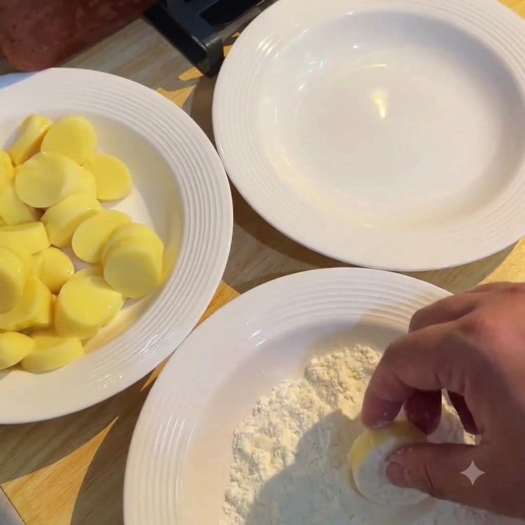 Ręka delikatnie dociskająca plaster żółtego japońskiego tofu do białego talerza wypełnionego suchą skrobią kukurydzianą.