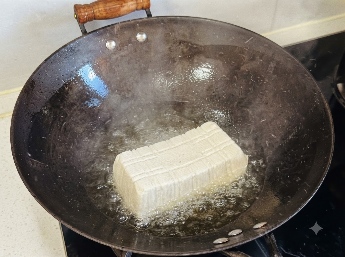 Cały prostokątny blok miękkiego tofu leżący w gorącym, czarnym woku z olejem.