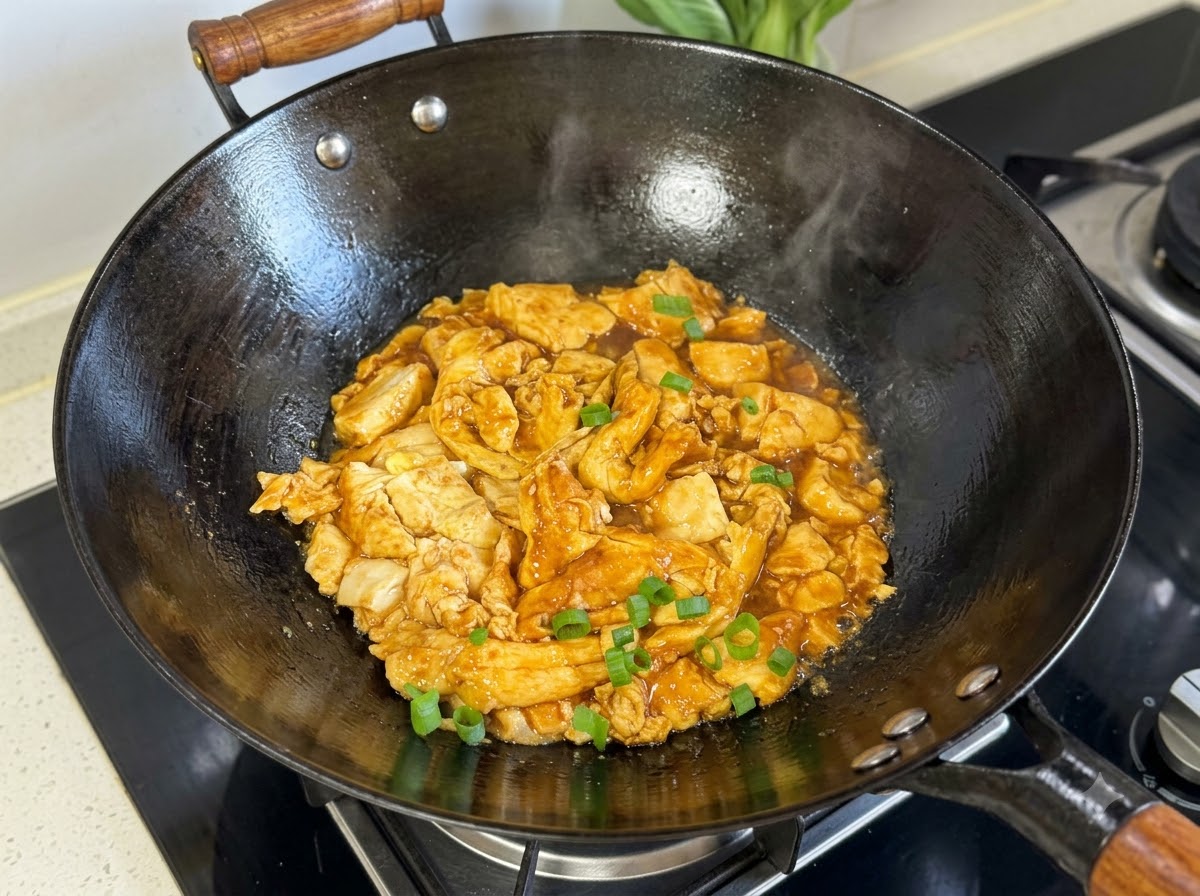 Posiekana zielona cebulka posypana na wierzchu ugotowanego tofu z jajkiem w czarnym woku.