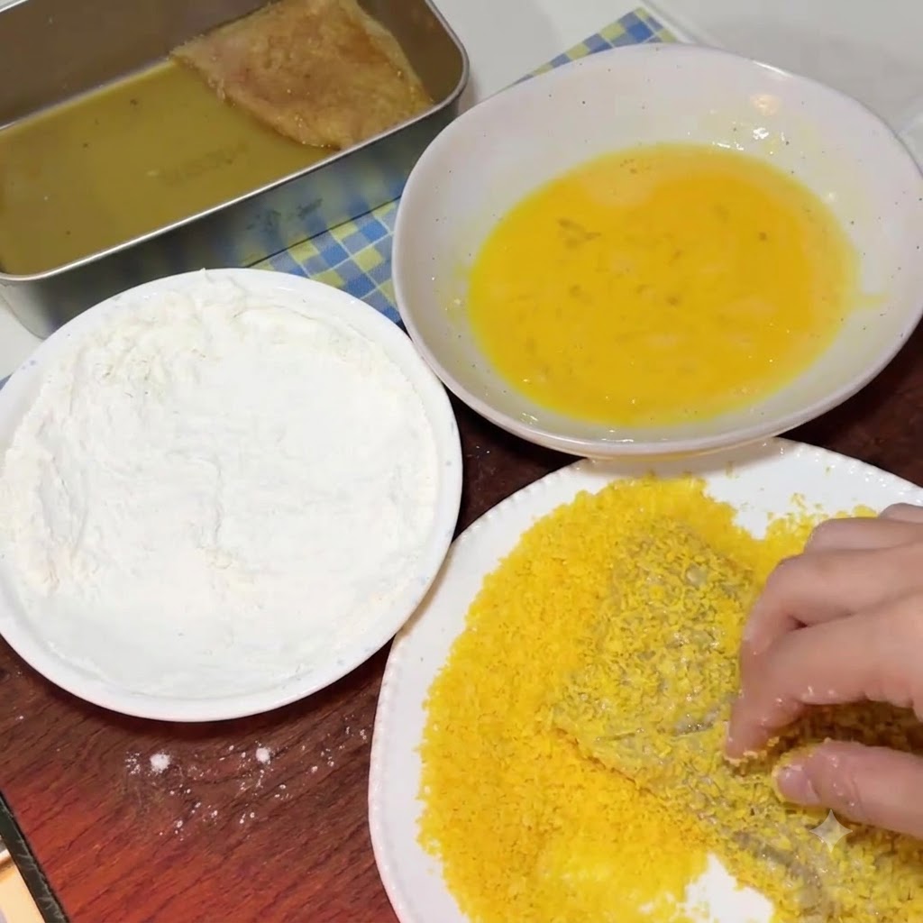 Kotlet schabowy w jajku mocno dociskany do talerza z jasnyżółtą bułką tartą.