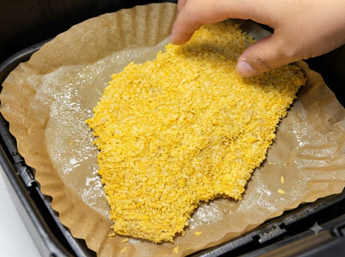 W pełni opanierowany kotlet schabowy układany na spryskanym olejem papierze do pieczenia w koszu frytkownicy beztłuszczowej.