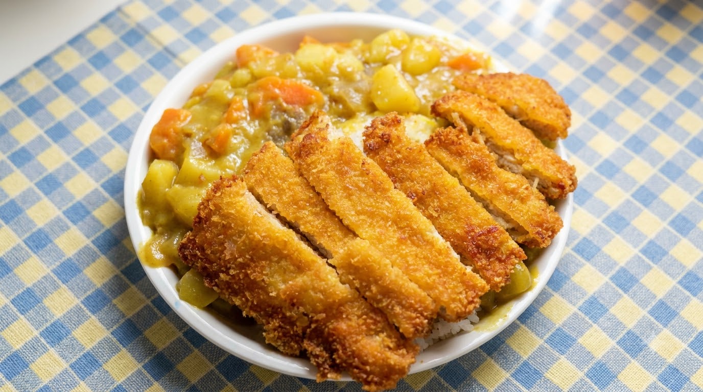 Talerz japońskiego ryżu z kotletem schabowym w sosie curry, przedstawiający złociste, pokrojone kawałki mięsa oraz bogate curry warzywne na białym ryżu