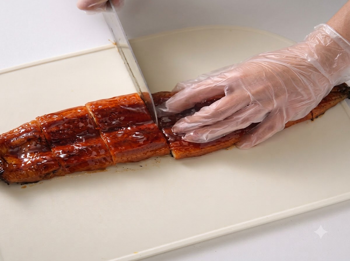 Zbliżenie na grillowanego węgorza krojonego na równe kawałki na białej desce do krojenia.