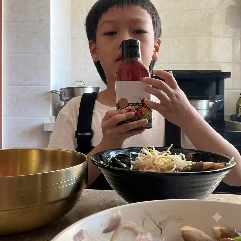 Dwie dłonie trzymające butelkę koreańskiego sosu do bibimbap nad miską ze składnikami.