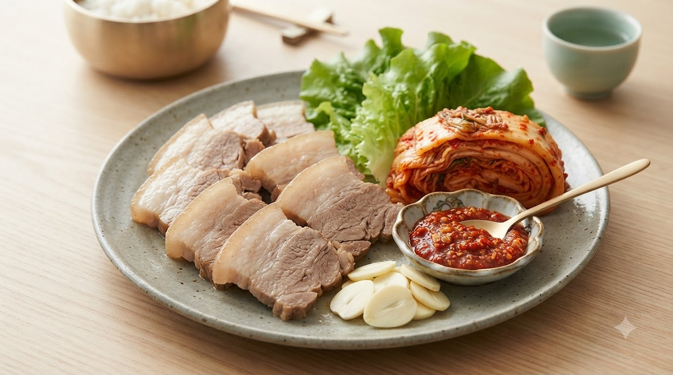 Pokrojony gotowany boczek wieprzowy podawany ze świeżą sałatą, kimchi, czosnkiem i czerwonym sosem chilli.